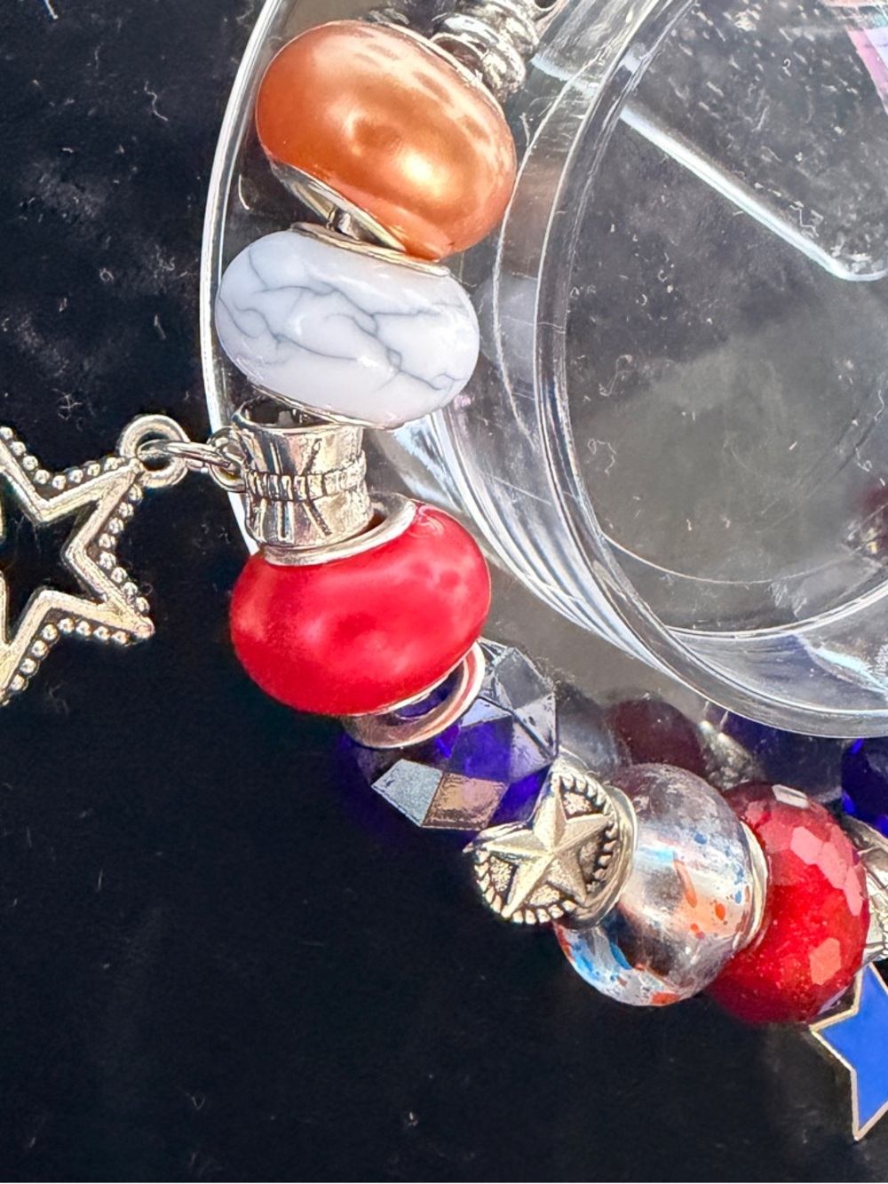 Patriotic Silver Charm Bead-Bracelet with Star Accents - Red, Blue, & White
